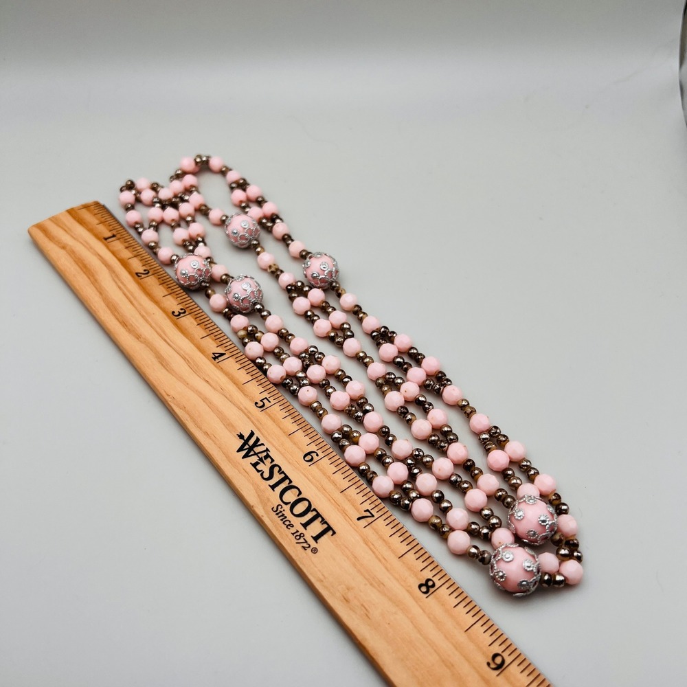 Vintage Pink Filigree Beaded Multi Strand Long Layering Necklace Silver Tone